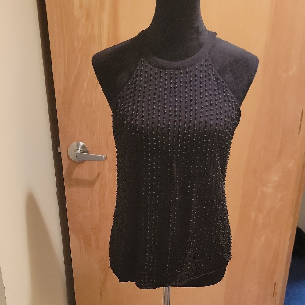 Ecru Black Sleeveless Top. Beaded Sz Med